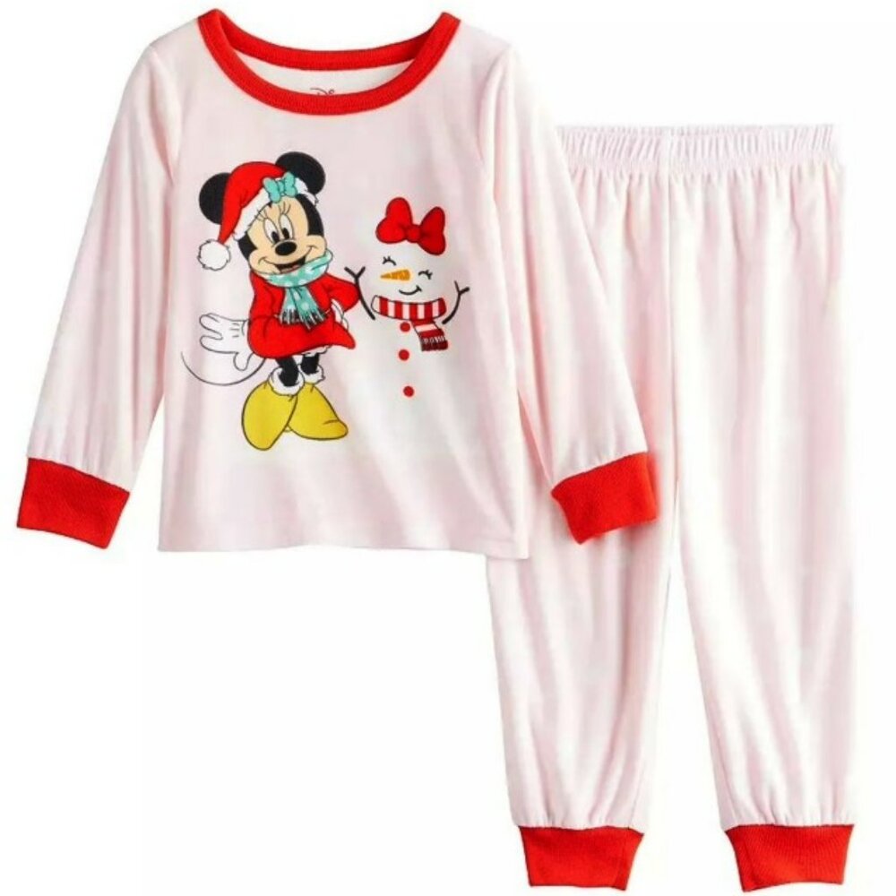 NWT. DISNEY Christmas Minnie Mouse & Snow Man 2-Pc Pajama Set - Picture 1 of 2